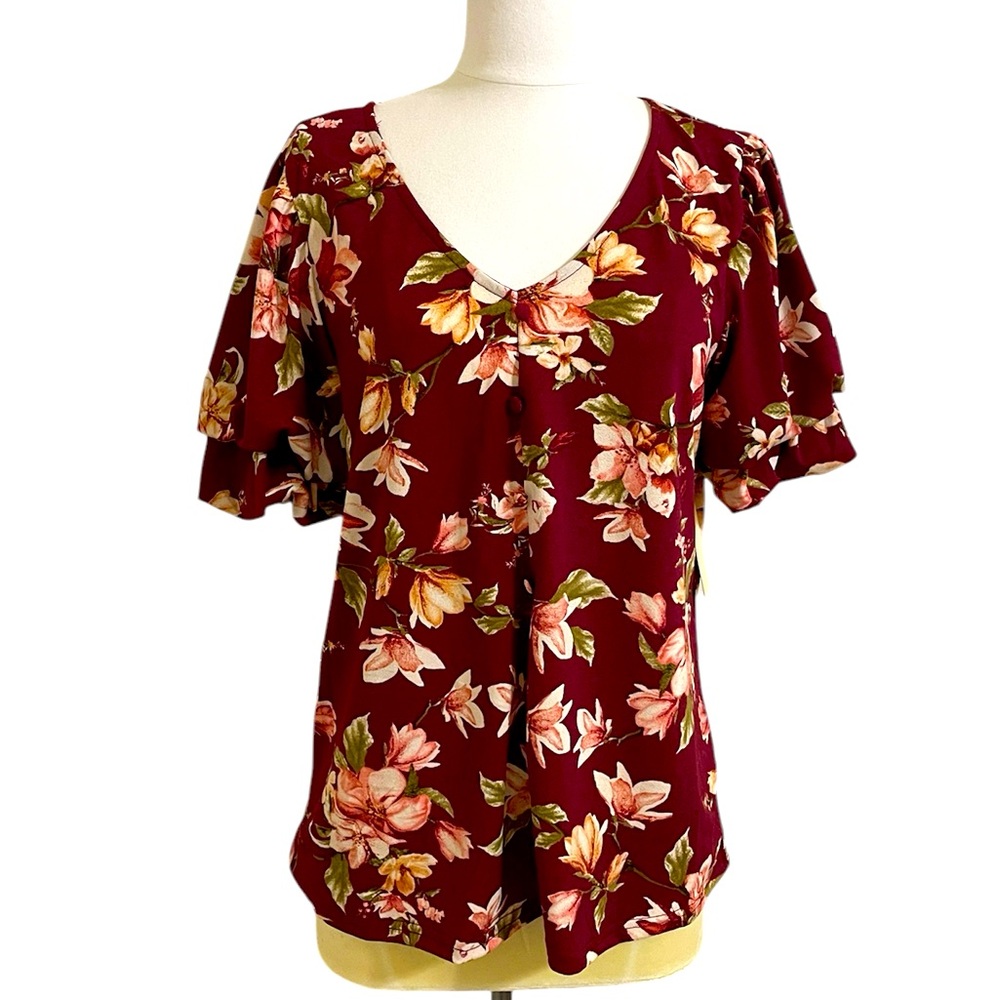 New Maroon/Burgundy Popover Top Flower Print Tiered Ruffle Sleeve Size Medium